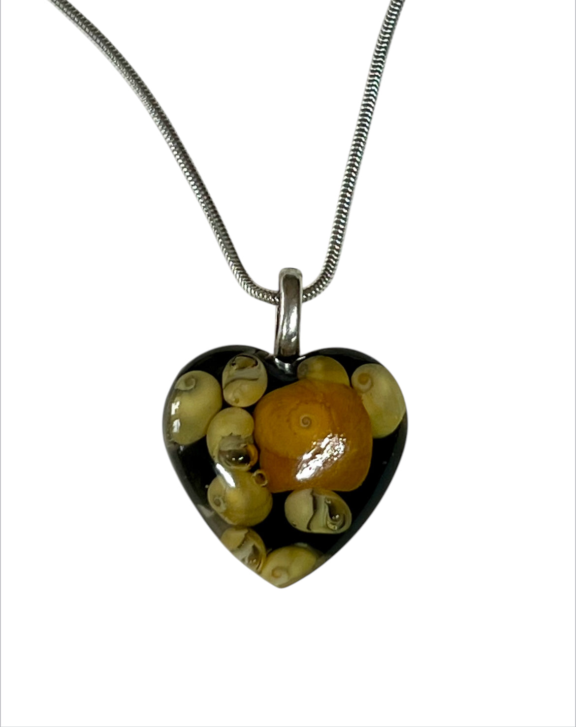 Sunset beach pendants. Yellow shells from the island of Whalsay.