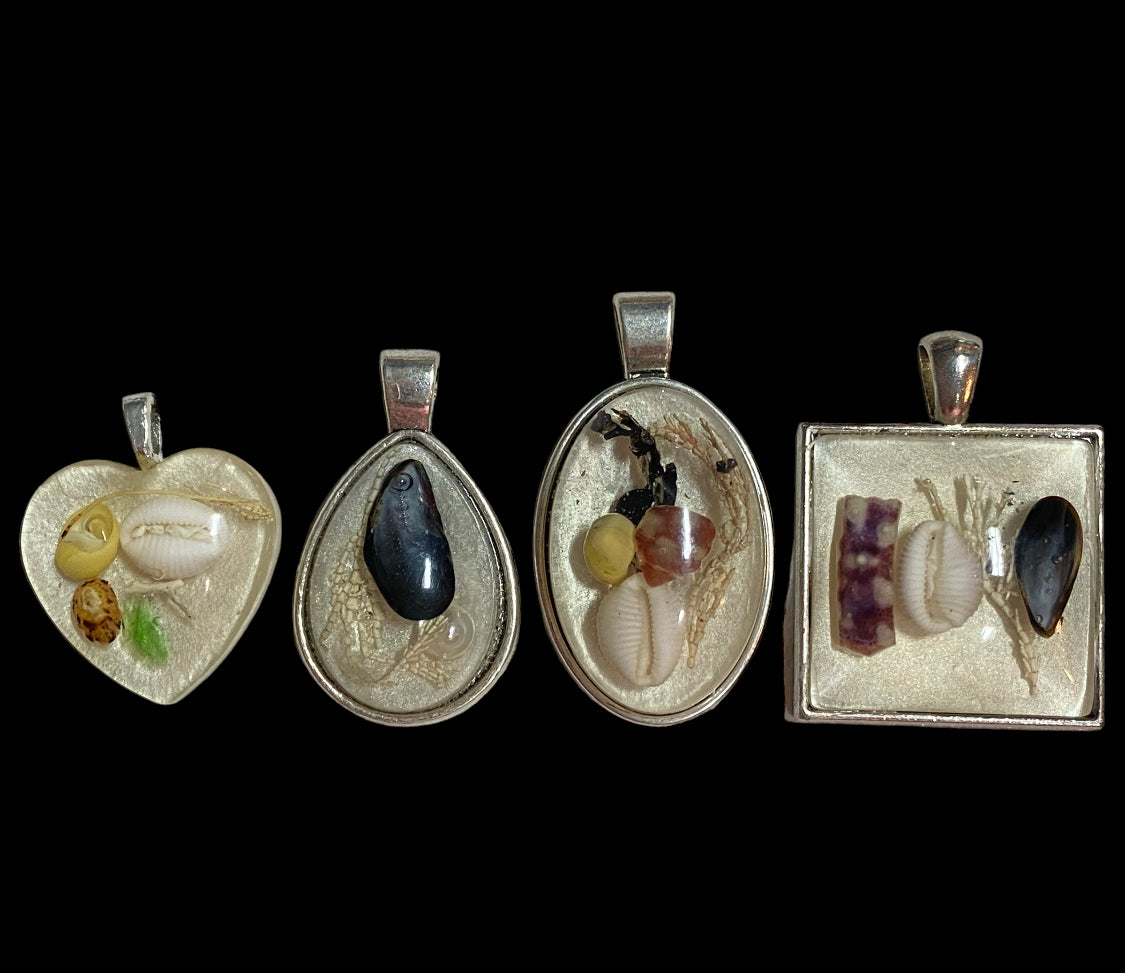 Shimmering white beach pendants, real Shetland beach finds.