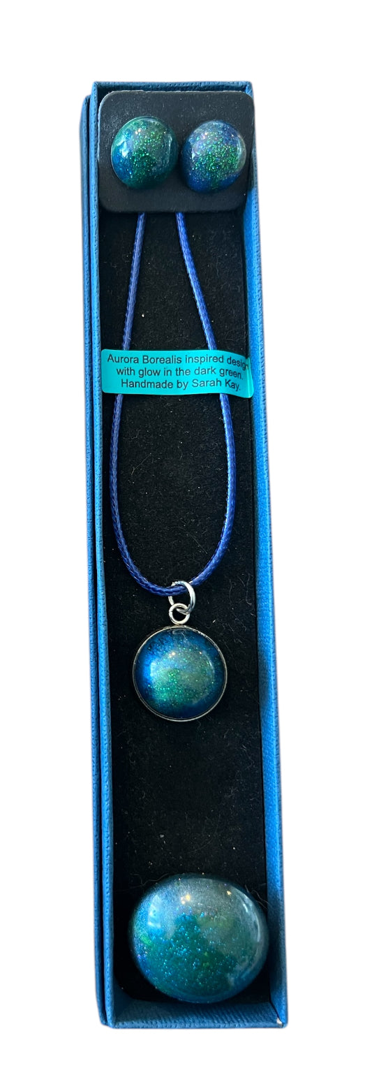 Aurora Borealis Resin Jewellery Set | Earrings, Brooch, Pendant
