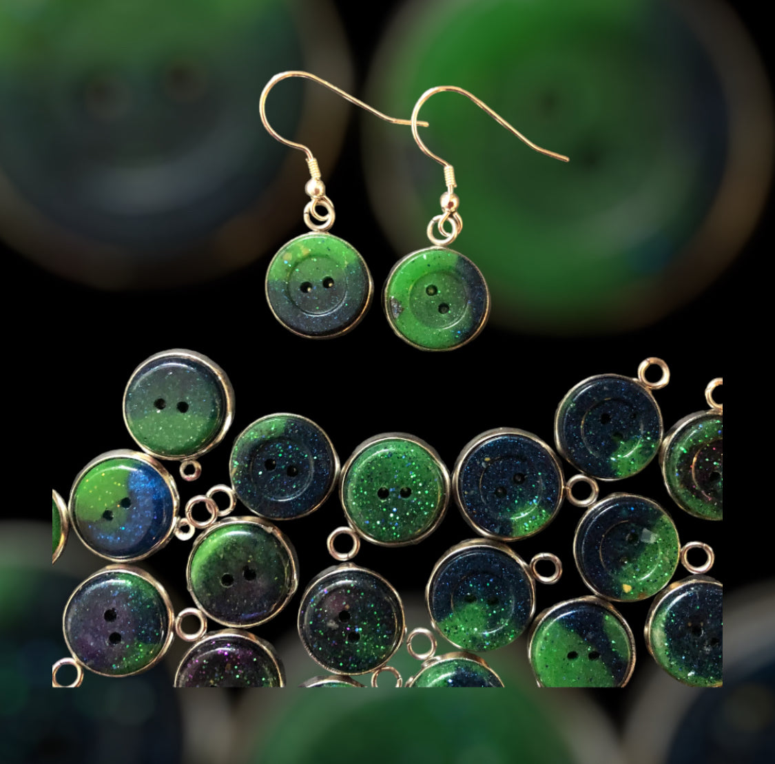 Aurora Borealis Button Dangly Resin Earrings