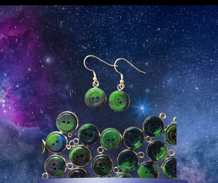 Aurora Borealis Button Dangly Resin Earrings