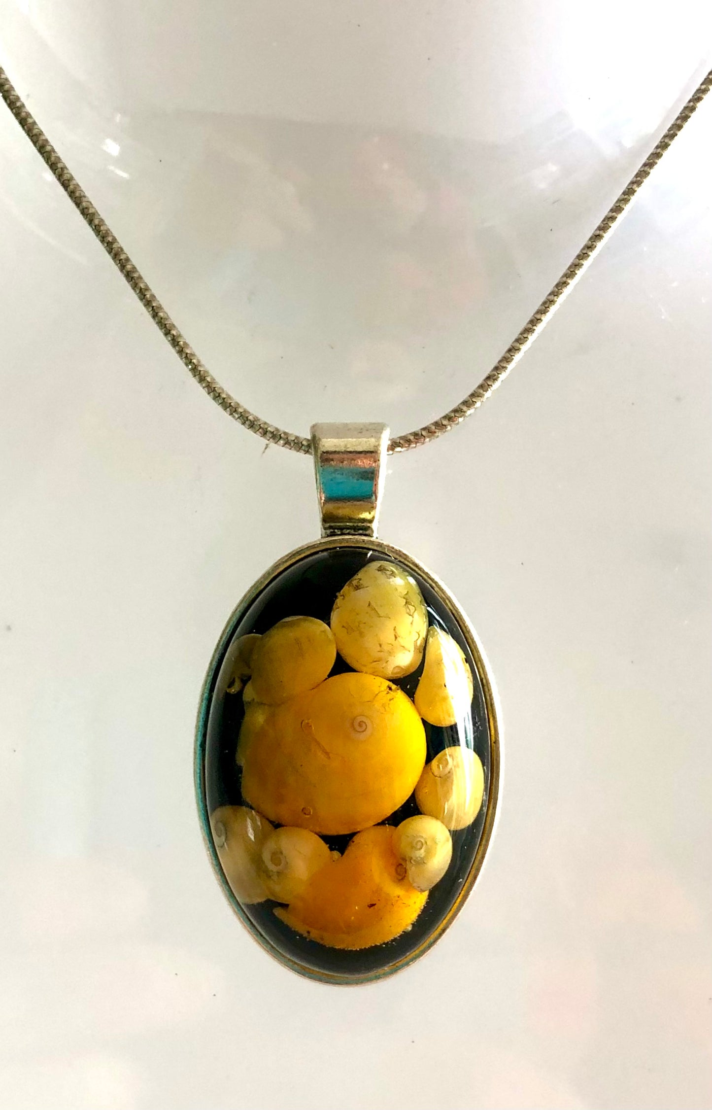 Sunset beach pendants. Yellow shells from the island of Whalsay.
