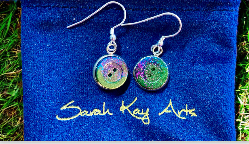 Aurora Borealis Button Dangly Resin Earrings