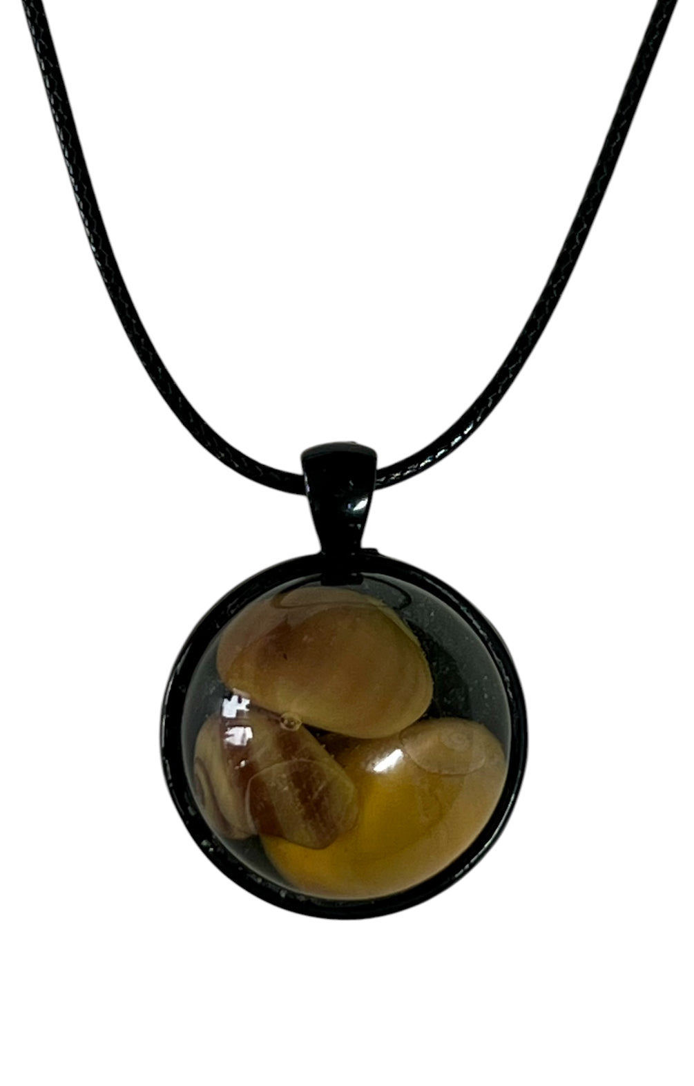 Sunset beach pendants. Yellow shells from the island of Whalsay.