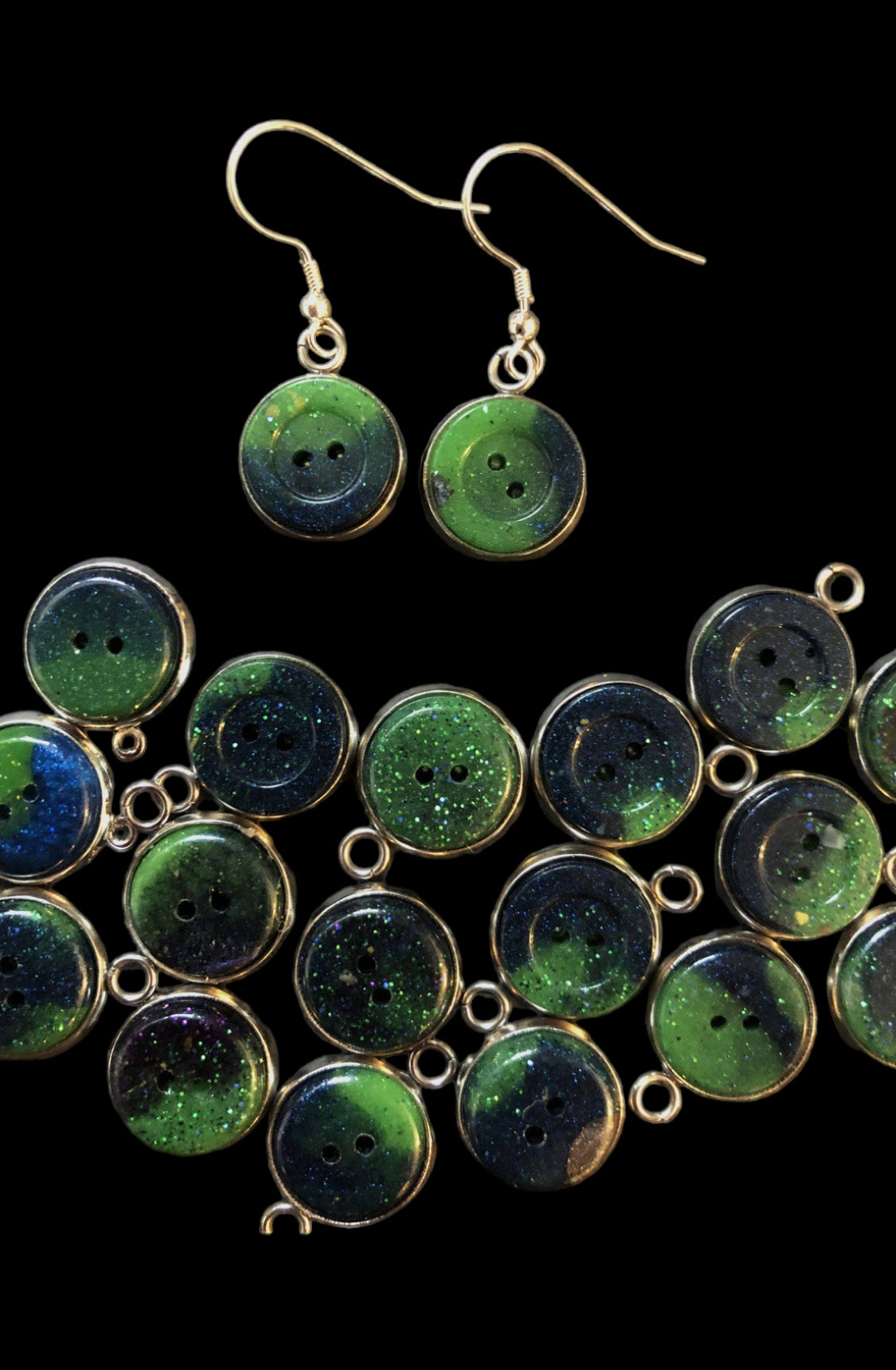 Aurora Borealis Button Dangly Resin Earrings
