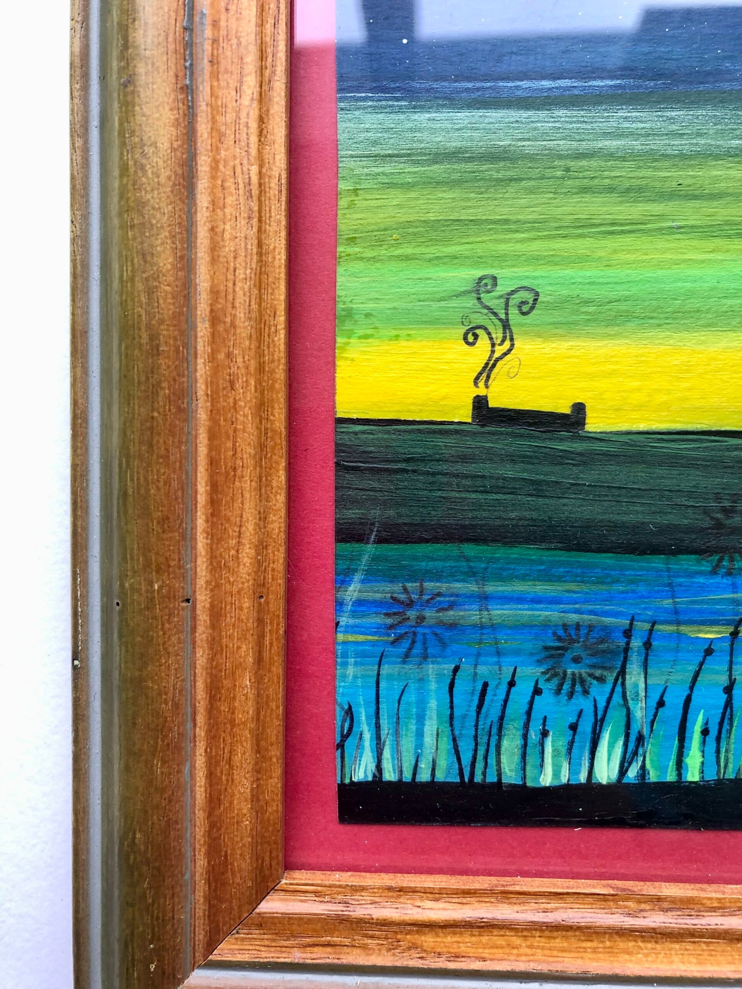 Aurora Borealis Croft House Original Painting & Vintage Wood Frame