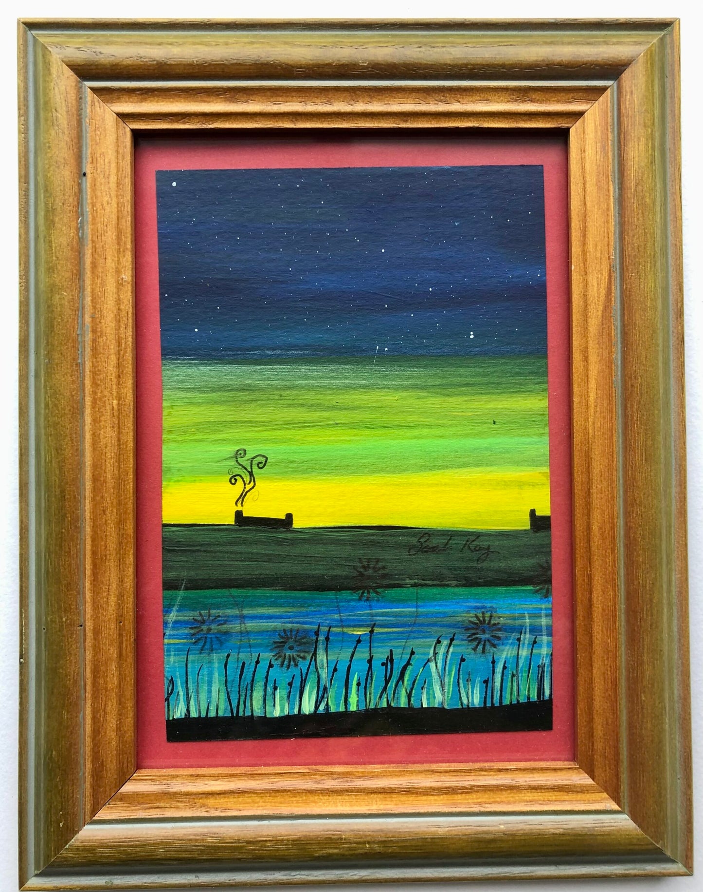 Aurora Borealis Croft House Original Painting & Vintage Wood Frame