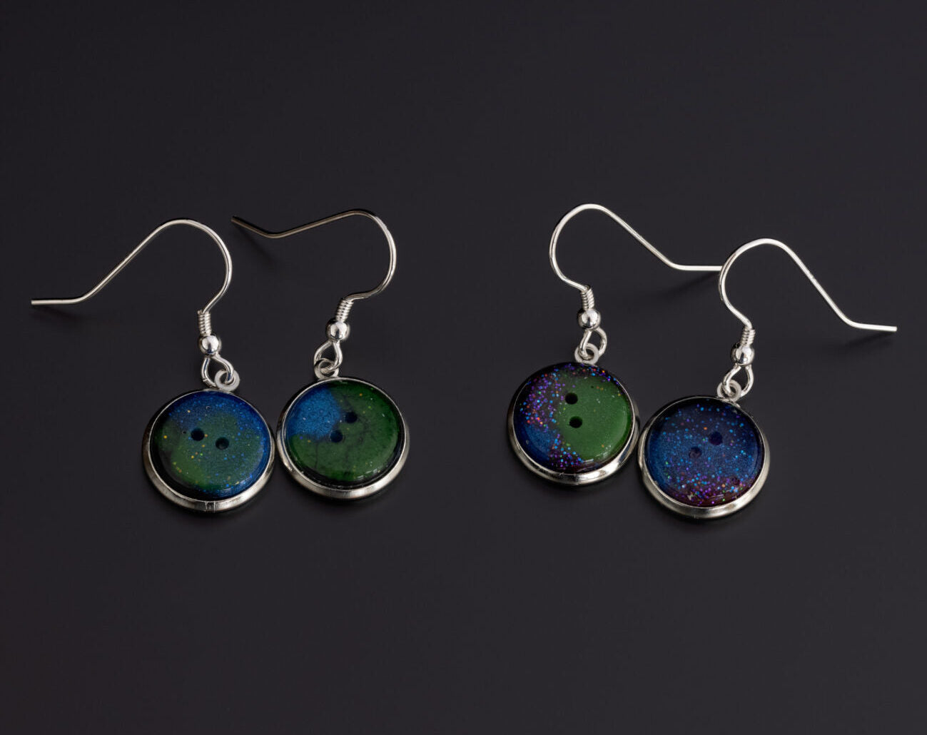 Aurora Borealis Button Dangly Resin Earrings
