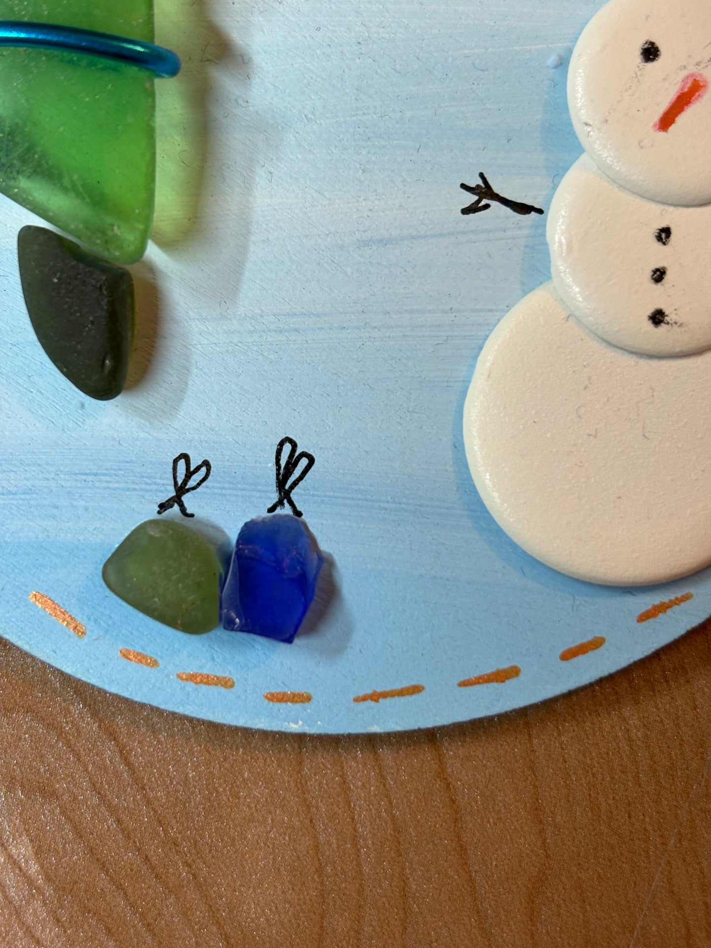 Snow man sea glass hanging plaque.