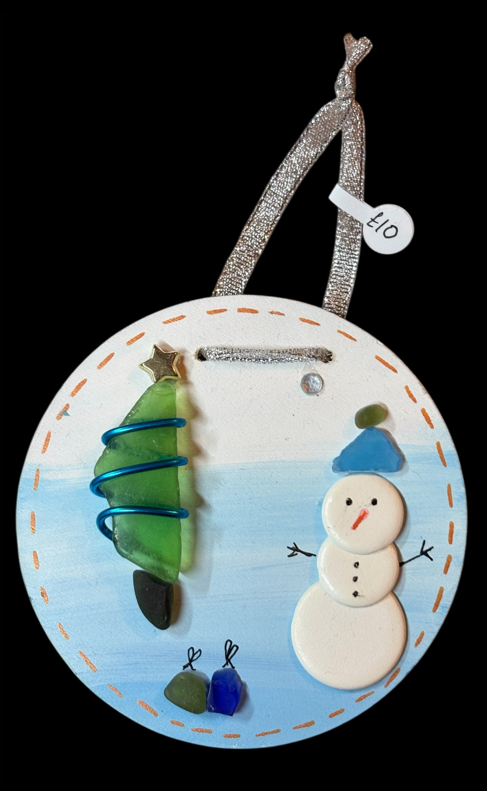 Snow man sea glass hanging plaque.