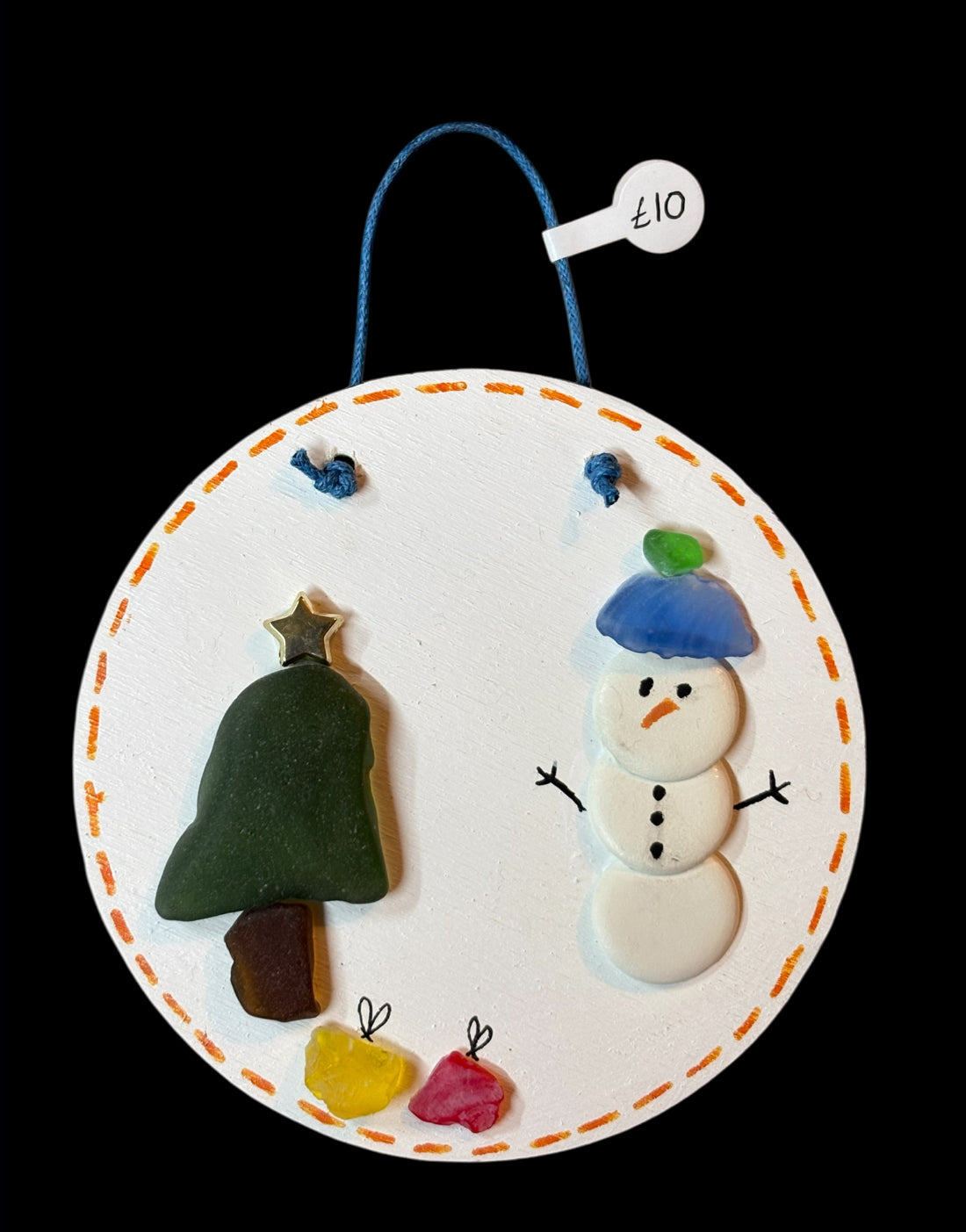 Snow man sea glass hanging plaque.