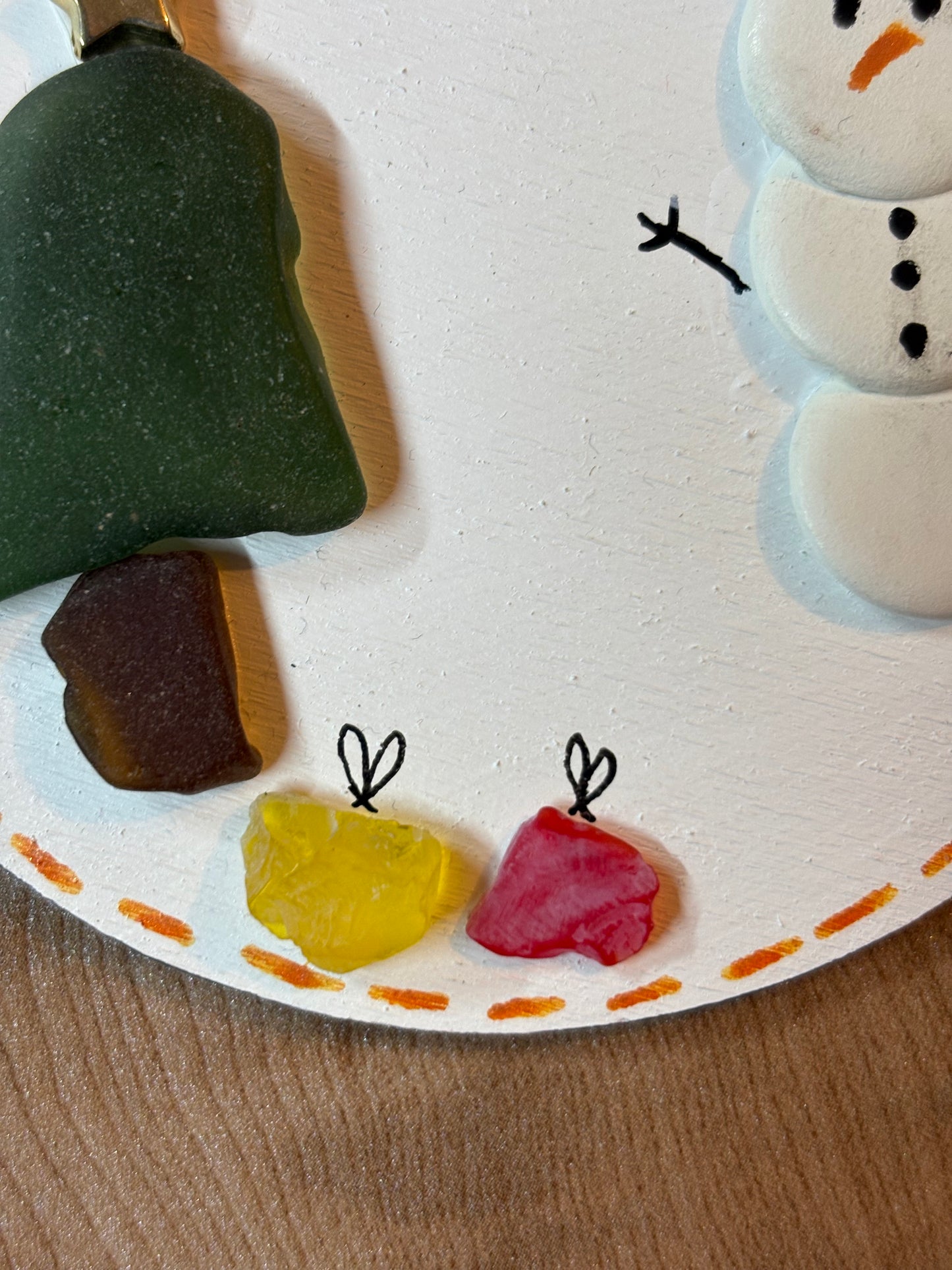 Snow man sea glass hanging plaque.