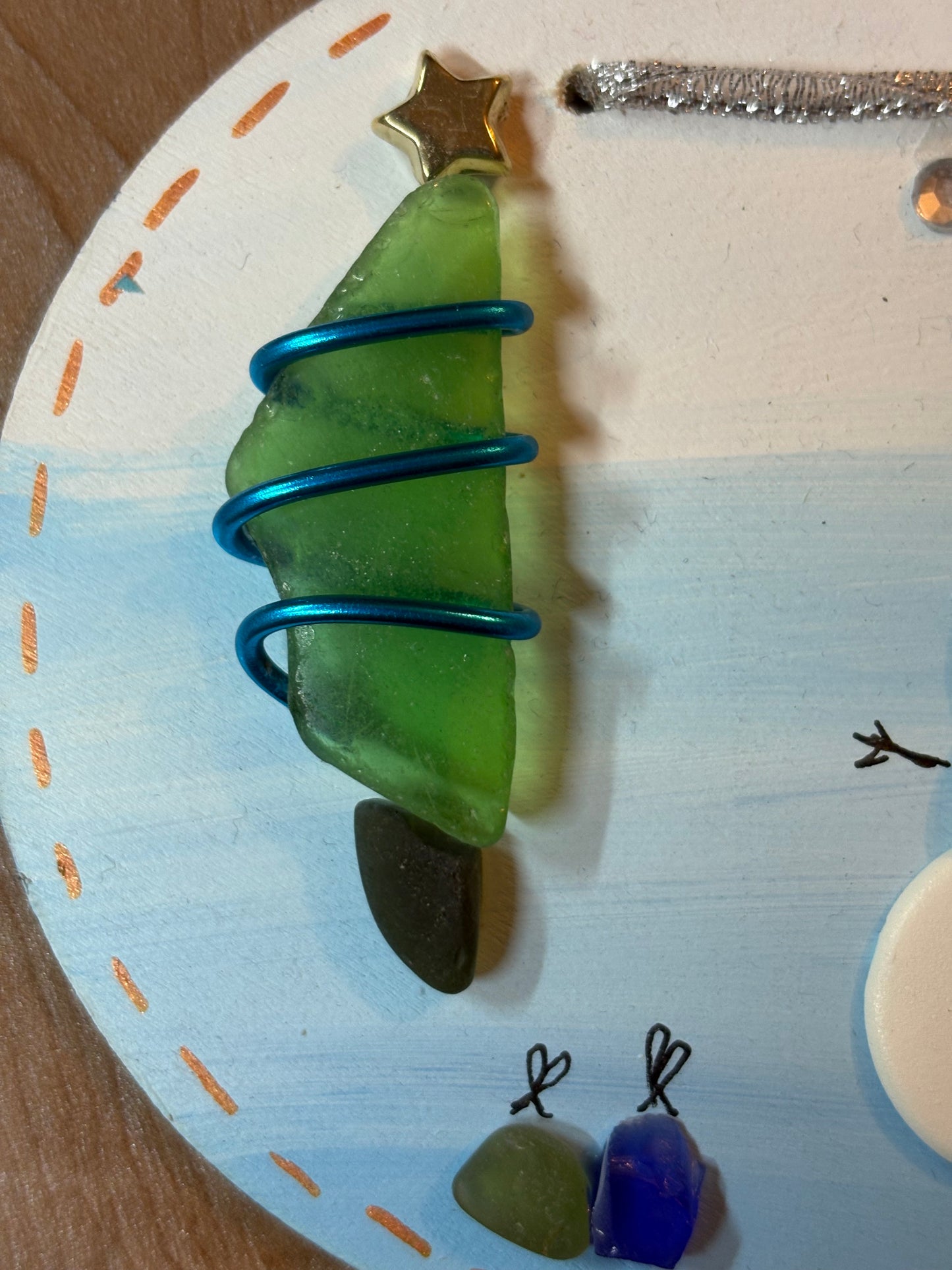 Snow man sea glass hanging plaque.