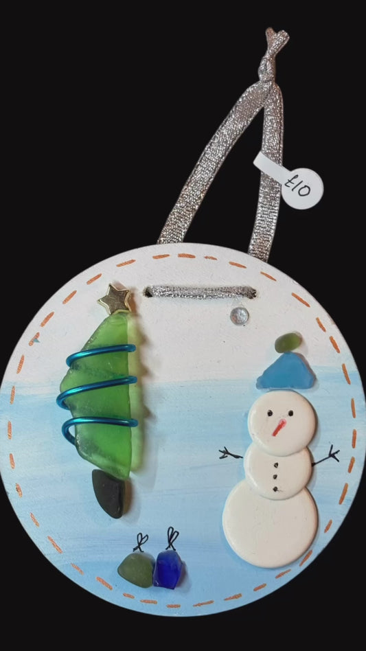Snow man sea glass hanging plaque.